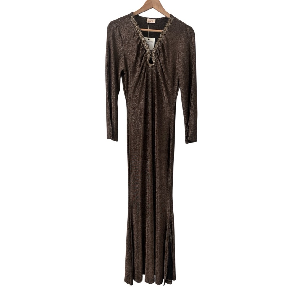 Nekane Alika Bronze Shimmer Maxi Dress Gold Lurex V-Neck Keyhole NWT Medium - Picture 3 of 12